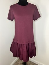 LOFT Burgundy A-Line Dress Short Sleeve Crew Neck Ruffle Hem Size S
