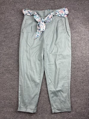 Ett:Twa by Anthropologie Pants Womens 8 Green Linen Blend Tie Waist Cropped