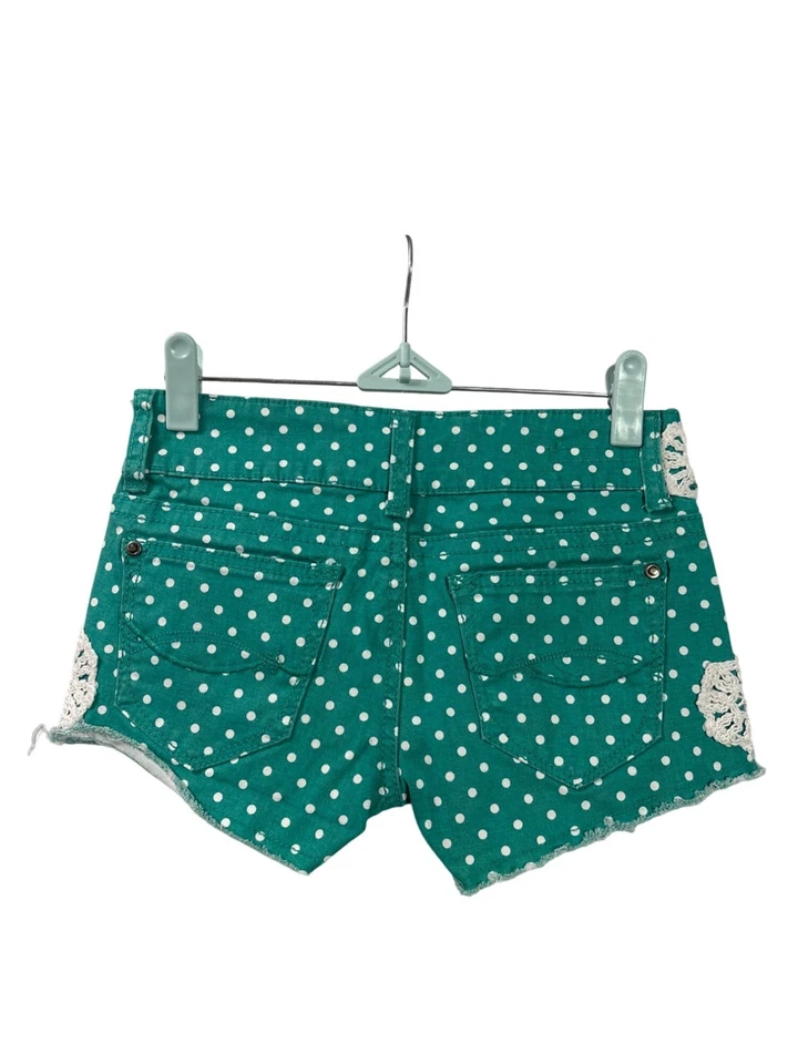 Vintage Y2K Hot Kiss Green White Polka Dot Denim Booty Shorts Cici Lace 0 - Image 2 of 4