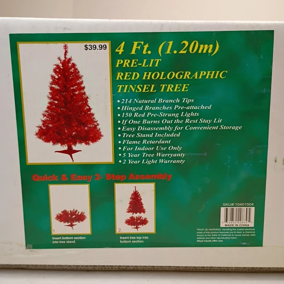 4 Ft. Pre-Lit Red Holographic Tinsel Tree w/ 214 Branch Tips and 150 Red Lights - Image 4 of 4