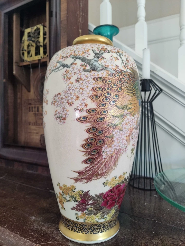 Fabuloso Vaso Japonês Antigo Satsuma Meiji Taisho Pavões Rosas Ext Fino Dourado - Imagem 4 de 4