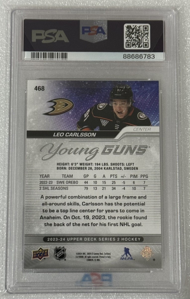 PSA 10 2023-24 Upper Deck Series 2 Leo Carlsson Young Guns #468