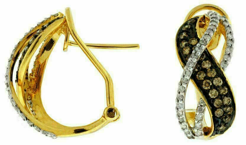 FILA .77CT WHITE & MOCHA DIAMOND 14K YELLOW G 3D MULTI ROW X CLIP ON LOVE EARRINGS