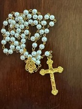 Rosary: Pearl Beads Gold Tone Chain "Purity" Holy communion Matrimony wedding