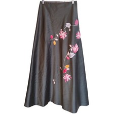 Single Women's Black Satin Floral Embroidery Retro 50s Style Maxi Skirt 6