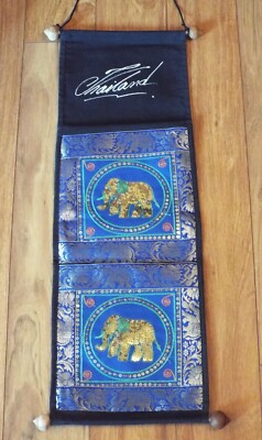 Sequinned Elephant Blue/Black Wall Hanging from Thailand with Wooden Rods NEW