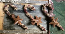 SET OF 3 PRIMITIVE CANDY CANES CANE CHRISTMAS ORNAMENTS RUSTY BELL STAR WIRE