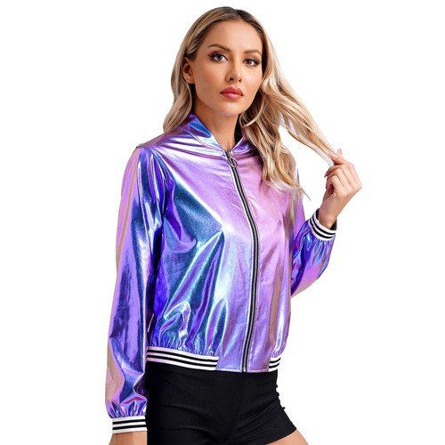 Women Metallic Jacket Long Sleeve Front Zip Sparkle Shiny Party Bomber Jacket - Picture 9 of 52