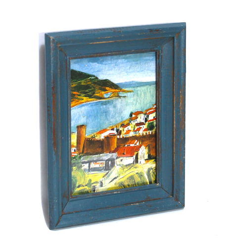 Cornice portafoto vintage in legno dipinta blu acqua con stampa costiera - Foto 3 di 6