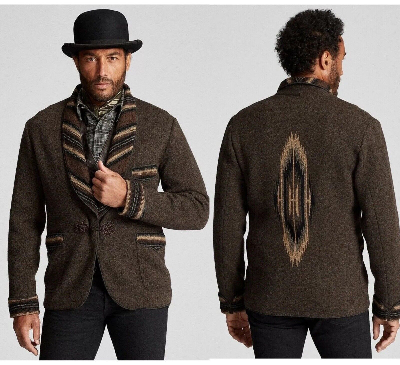 RRL Ralph Lauren Shawl Sweater Smoking Jacket Southwestern Sz M knit Brown wool