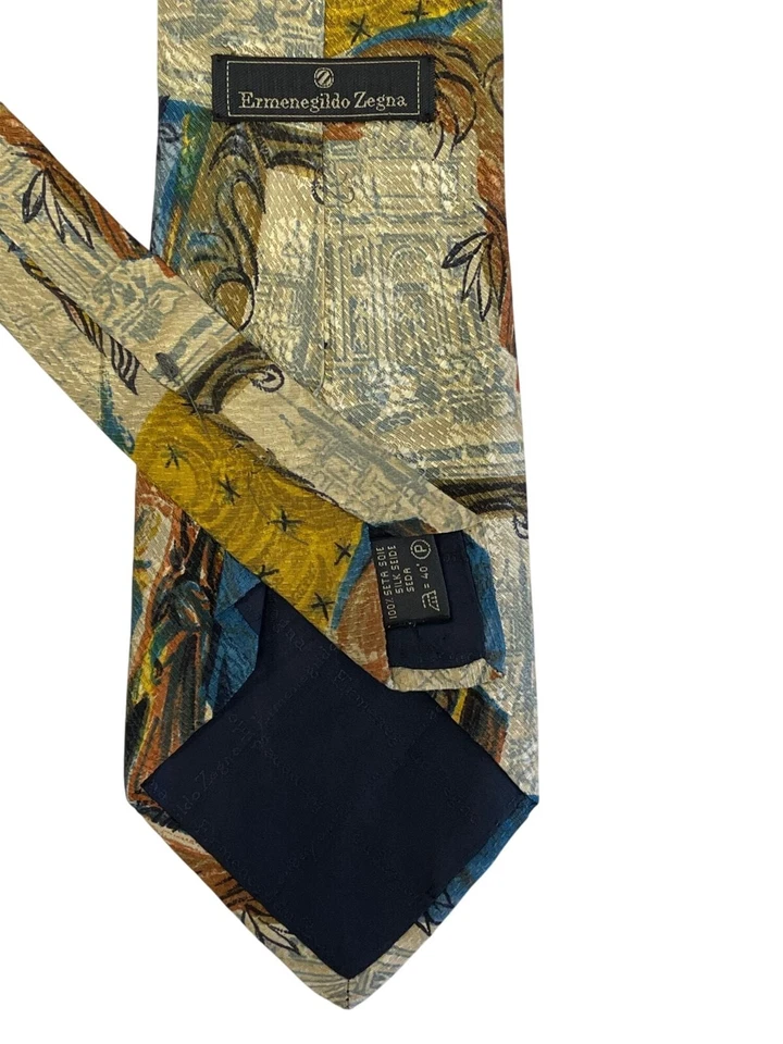 Corbata De Colección Ermenegildo Zegna Italia Hombres Art Deco Abstracta Seda Corbata Dorado Azul Foto 3 de 3