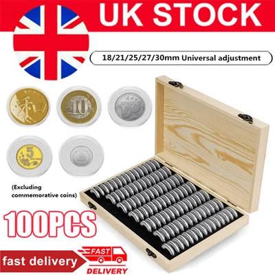 100Pcs Coins Display Storage Box Case Capsules Wooden For Collectible Coin UK