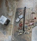 Decorative Box Of Vintage Costume Jewelry Clip On Earrings Necklaces Brooches