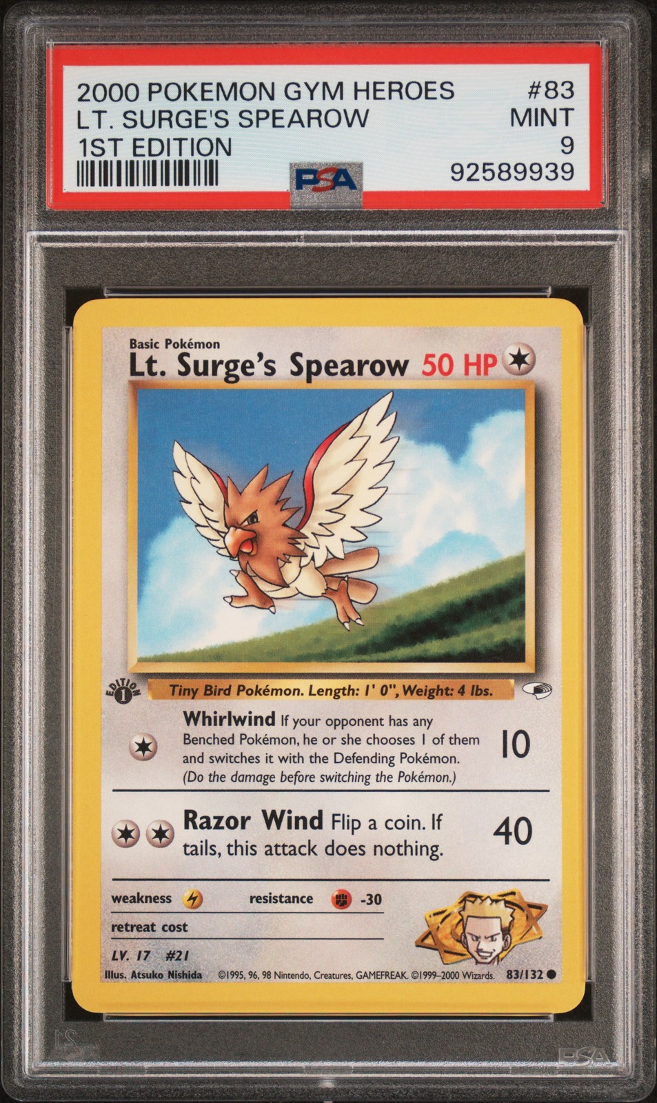 2000 POKEMON GYM HEROES 1ST EDITION #83 LT. SURGE'S SPEAROW PSA 9