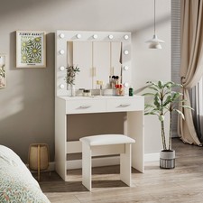 White Dressing Table Set with Hollywood LED Lights Mirror, 2 Drawers and Stool