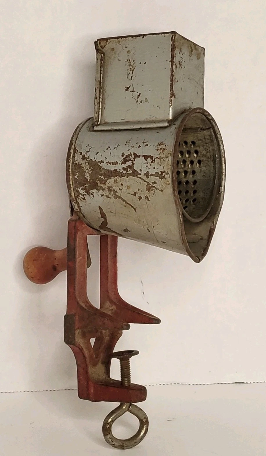 Antique Metal Red Handle Spice Cheese or Nutmeg Grinder Grater Vintage Kitchen