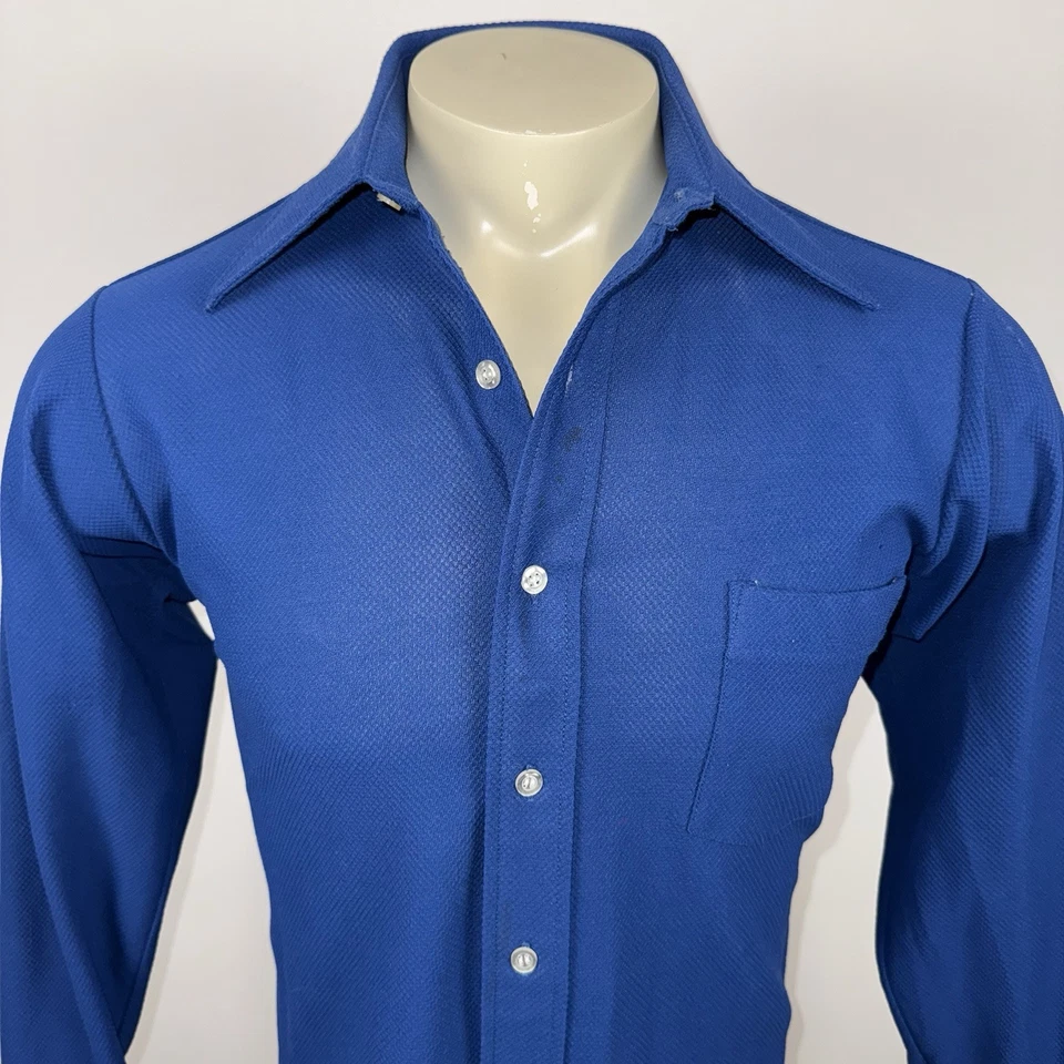 Vtg Manhattan Shirt Disco Dagger Collar Polyester Knit 60s 70s Medium Mens 15 32 - Image 3 of 4