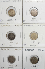 Six Canada 5 Cent Silver coins mixed dates from 1914 to 1919 in VG to XF  (414)