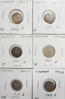 Six Canada 5 Cent Silver coins mixed dates from 1914 to 1919 in VG to XF (414)