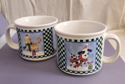 Sturdy Christmas Ceramic Mug with Festive Cat, Dog, Snowman, Set of 2