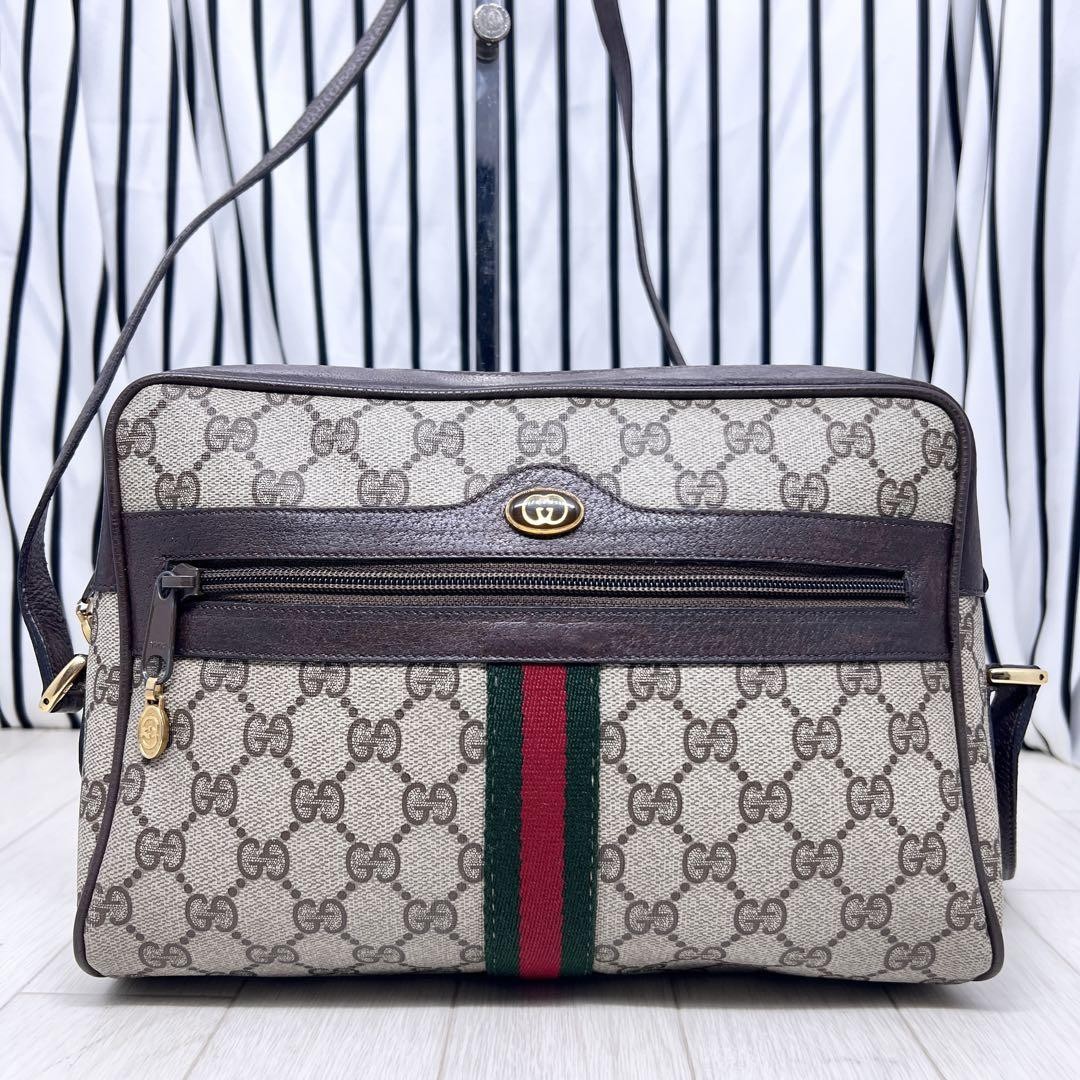 Gucci Old GG Crossbody Bag PVC Sherry Line Leather Trim Excellent Preowned