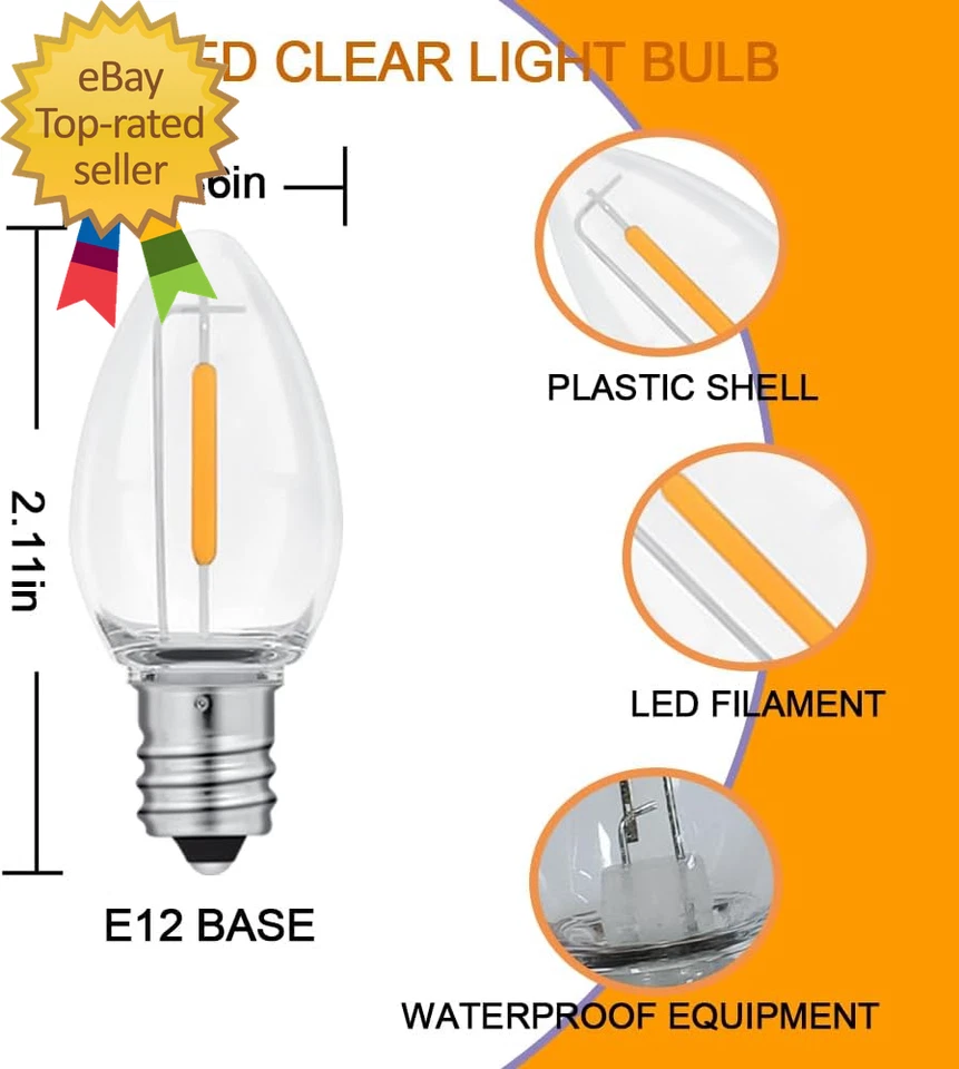 6 Pack C7 Clear Led Replacement Christmas Light Bulb C7 E12 Base 120V Waterproof - Image 2 of 4