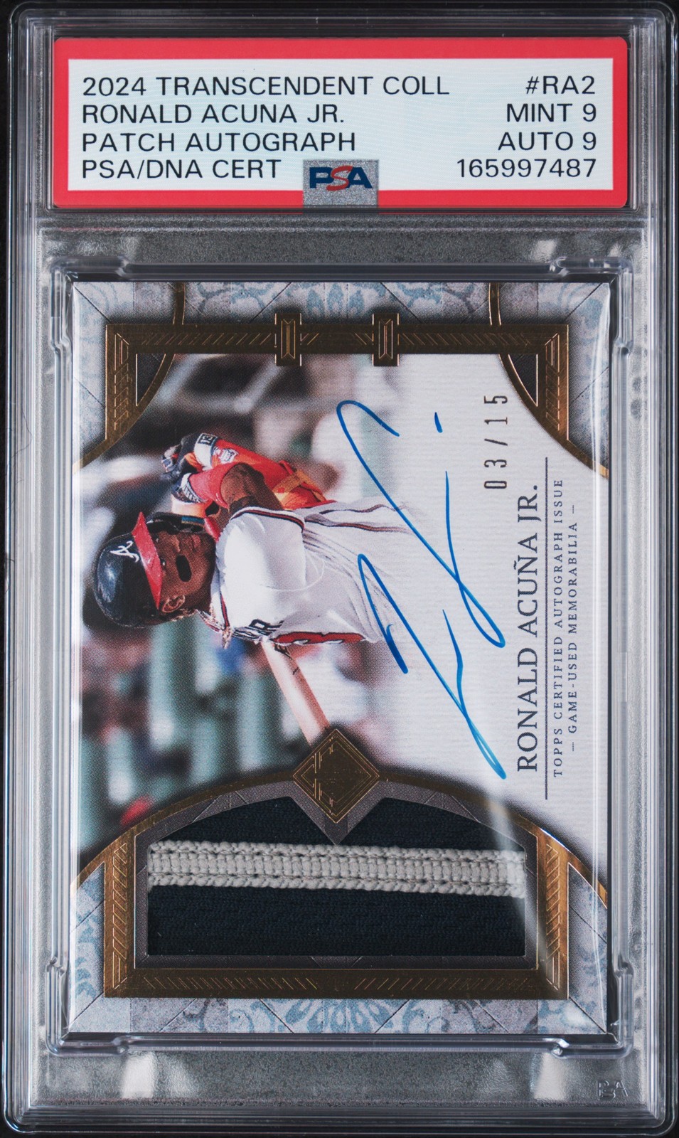 2024 TOPPS TRANSCENDENT COLLECTION PATCH #RA2 RONALD ACUNA JR. 3/15 PSA 9 AUTO 9 view 1