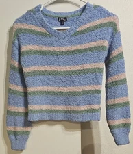 Art Class Girls Striped Fuzzy Blue Pink & Green Pullover Sweater SZ LRG (10/12)