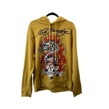Ed Hardy Men's Fire Tiger Golden Yellow Americana Tattoo Pullover Hoodie Size L