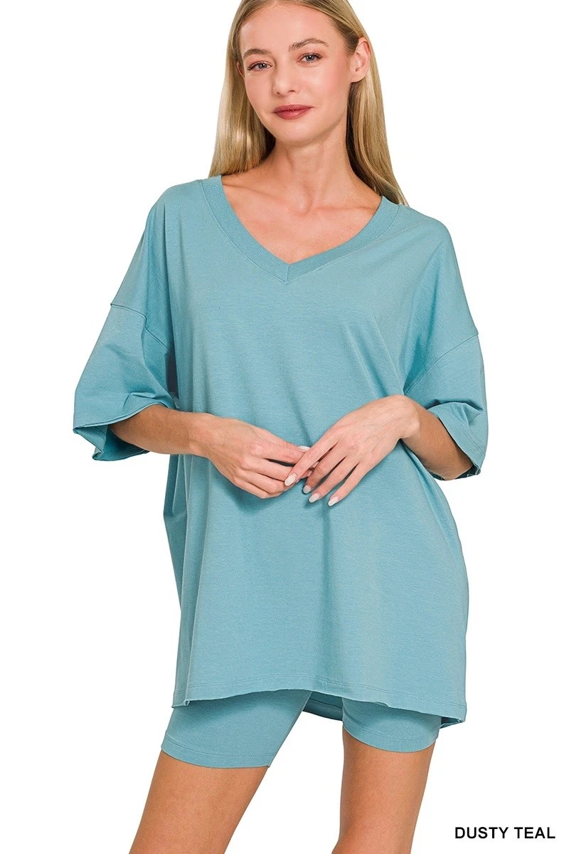 ZENANA - COTTON V-NECK TOP & BIKER SHORTS SET - DUSTY TEAL - M
Opens in a new window or tab