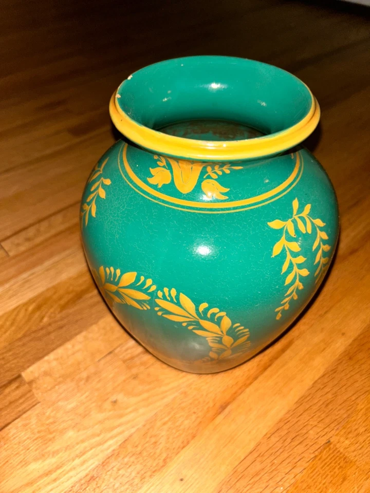 Jarrón italiano de cerámica sin marca de oro verde de 11 pulgadas decorativo antiguo Foto 2 de 4