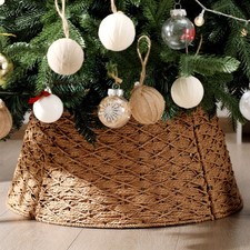 Woven Rattan Christmas Tree Collar, Neutral Wicker Tree Skirt, Rustic Farmhou...