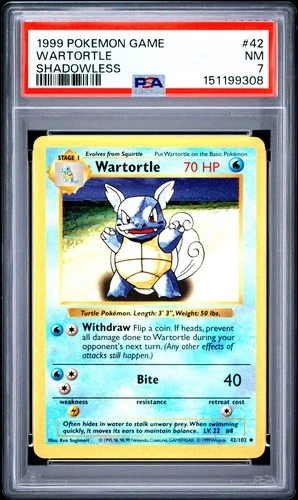 1999 POKEMON BASE SET SHADOWLESS #42 WARTORTLE PSA 7
