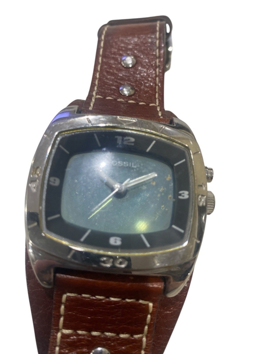 Fossil Big Tic Y2K JR-8713 Mens Wide Leather Band Stainless Steel