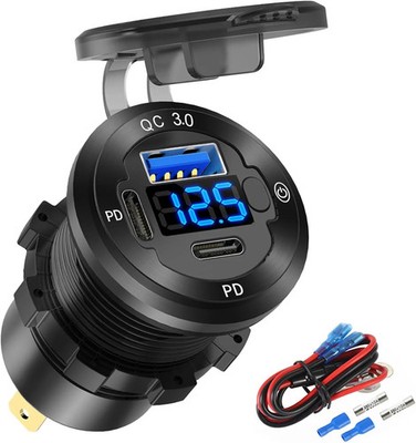 12V USB Car Socket Round USB C 12V Outlet, 3-Port Marine Fast Charger Waterproof