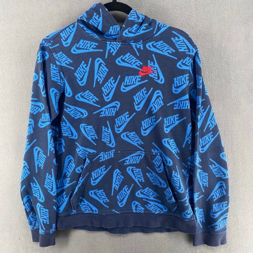 Nike Essentials All Over Print Hoodie Boys XL Blue Swoosh Sweatshirt