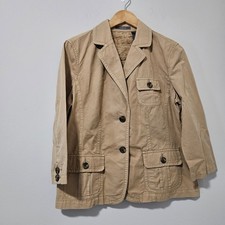 Liz Claiborne Women Tan Cotton Utility Blazer Jacket Size M Khaki Safari 3 Butto