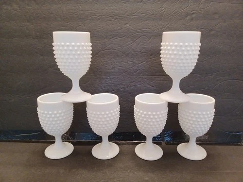 Vintage Set Of 6 Fenton Milk Glass Hobnail Water Goblets 8oz. USED FREE SHIPPING