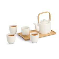Tee-Set 6-teilig Bambus/Steingut – Teekanne, 4 Tassen & Tablett