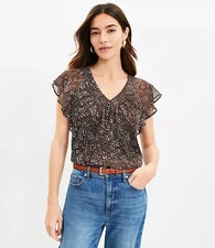 Loft Dotted Flutter V-Neck Top Brown NWOT XS