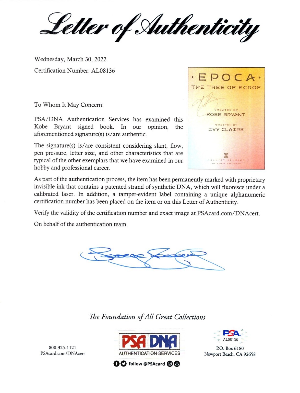 KOBE BRYANT RARE SIGNED AUTO AUTOGRAPH 2019 EPOCA BOOK PSA/DNA + UDA CARD