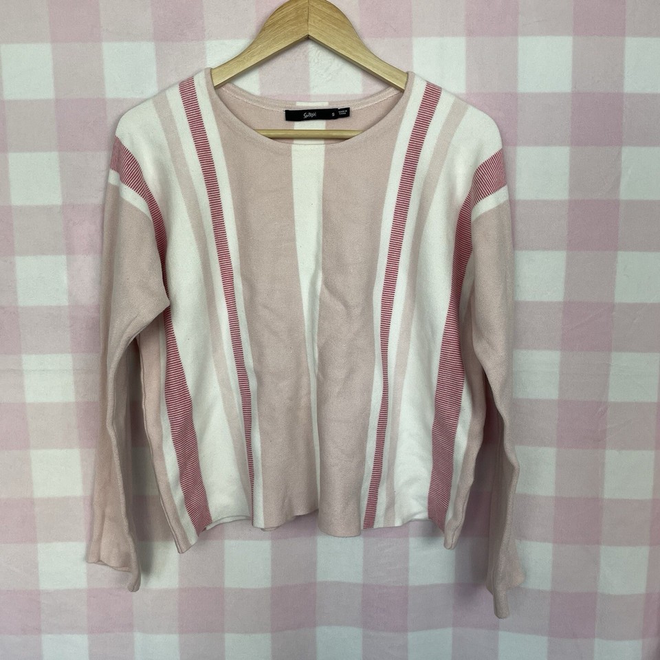 SPORTSGIRL Size Small Knit Jumper Pink White Stripe Long Sleeve