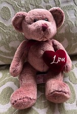 Rare Vintage Russ Berrie Plush Bear brown with burgundy heart that says  Love  .