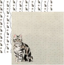 American Grey Tabby Watercolor, Cat Portrait, scrapbook paper, DS, 30767