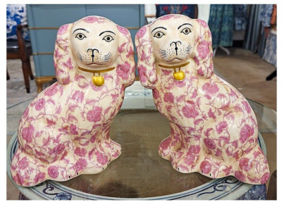 Pair: Pink Floret Hand Painted Porcelain Reproduction Staffordshire Dogs-9 H