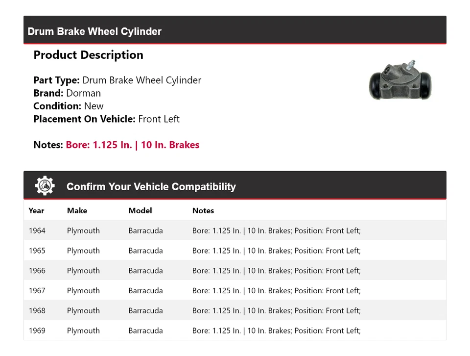 Cilindro de rueda de freno de tambor delantero izquierdo para Plymouth Barracuda Dorman 1964-1969 Foto 2 de 3
