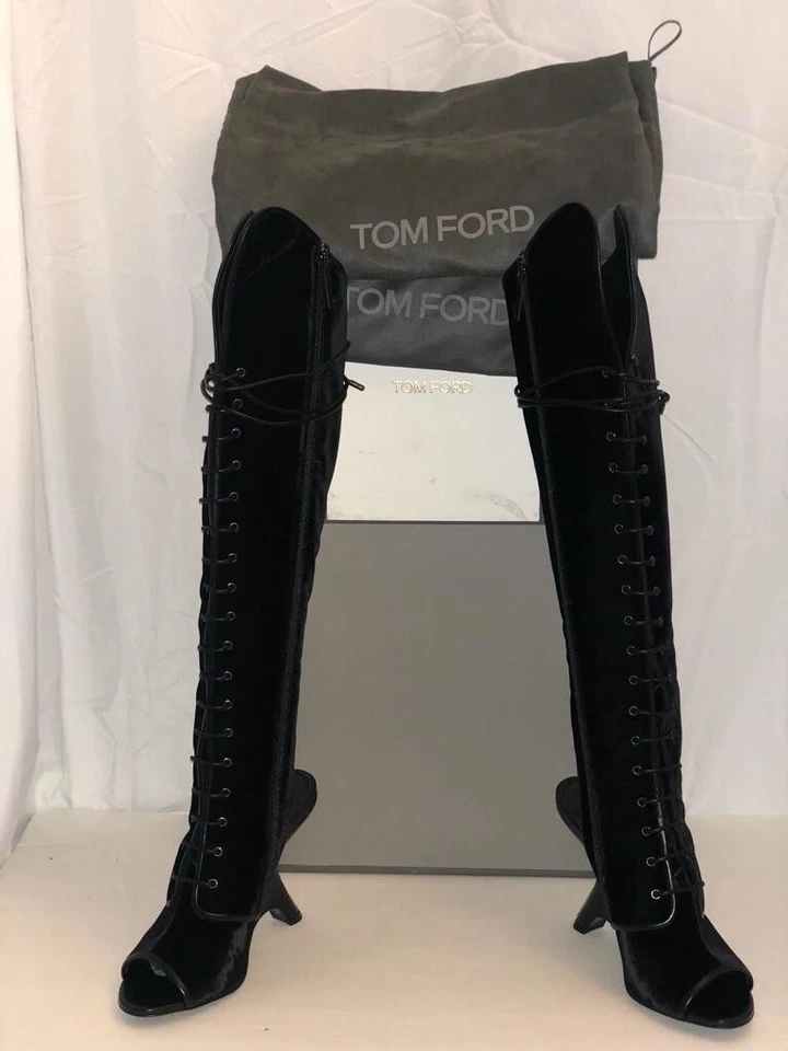 36.5/6.5❤️$2000 TOM FORD Velvet LEATHER OVER KNEE High Heels Wedge BOOTS - Image 4 of 4