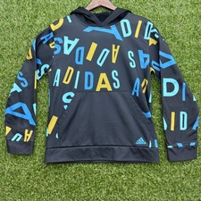 Adidas Hoodie Youth Large Black Multicolor Logo Print Pullover Athletic Sweatshi