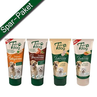 Tubi Dog 4er Pack Gemischt 4x75g Lachs Geflügel Bacon Leberwurst (56,50 EUR/kg)