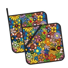 Abstract Hippie Flower Pot Holders Set of 2 Kitchen Heat Resistant Potholder ...